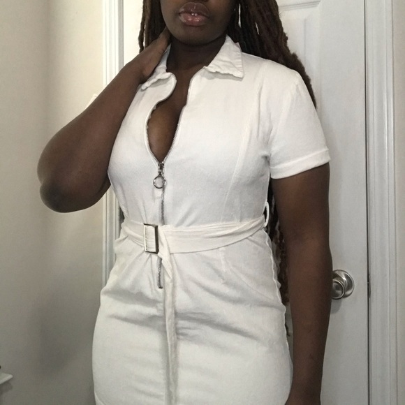 Cream Woven Mini BodyCon ZIP up Dress - Picture 2 of 5